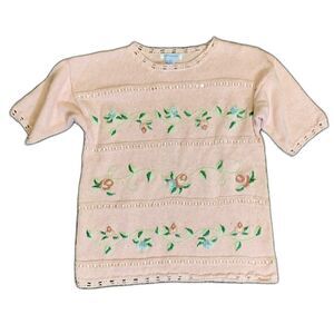 Vintage 80s Ship N Shore Pink Ribbon Floral Embroidered Knit SS Sweater Size S